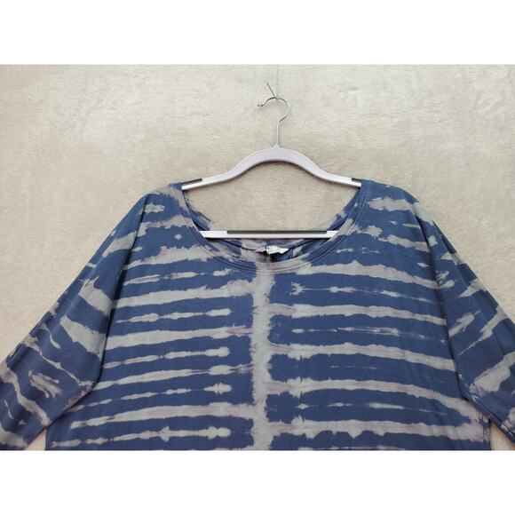 Volcom Shirt Top Womens XL Blue Tie Dye Cotton Round Neck High Low Slit Pleated - Picture 4 of 8